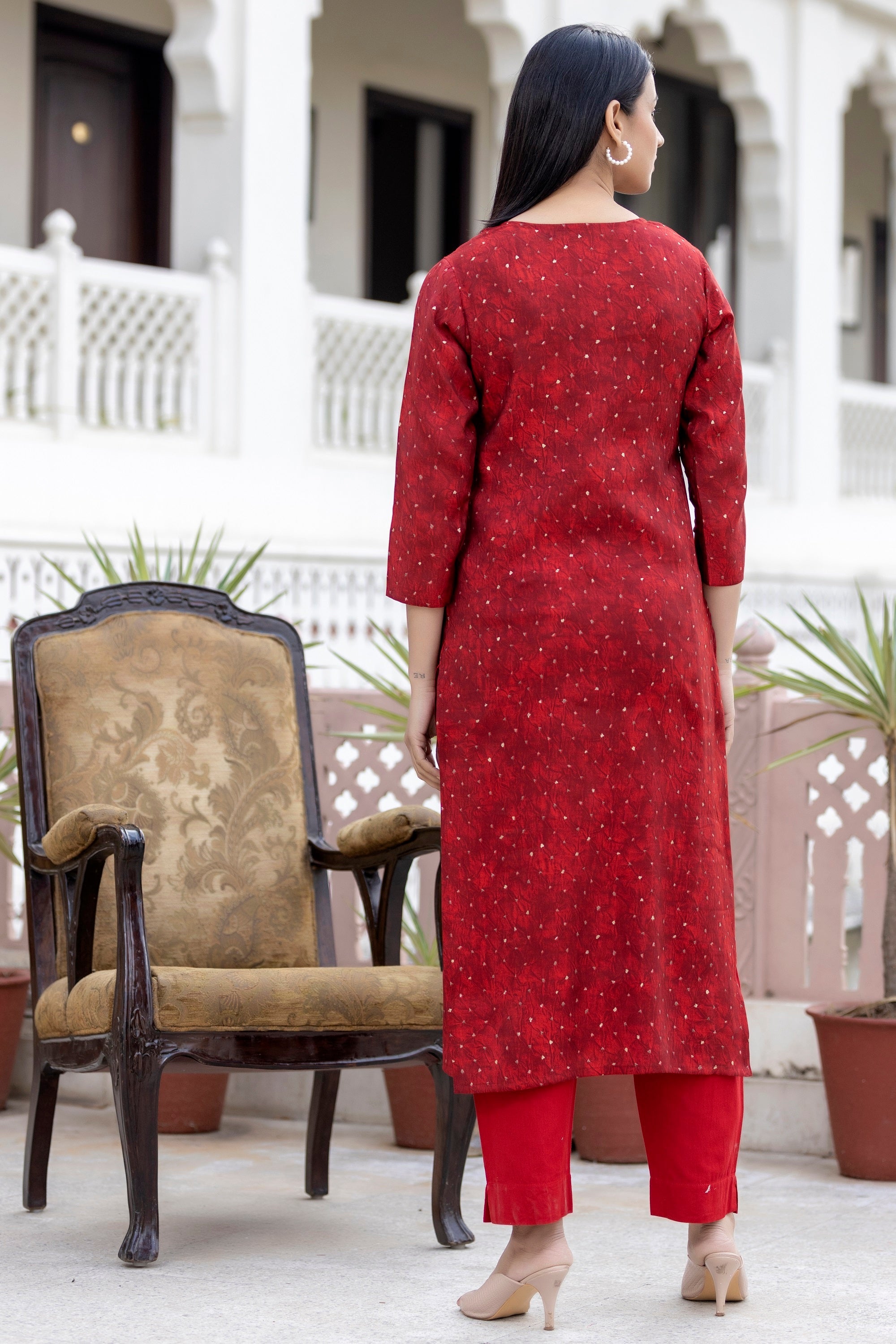 Kaajh Women's Red Gold Printed Modal Silk Kurta Pant Set | Grocsy