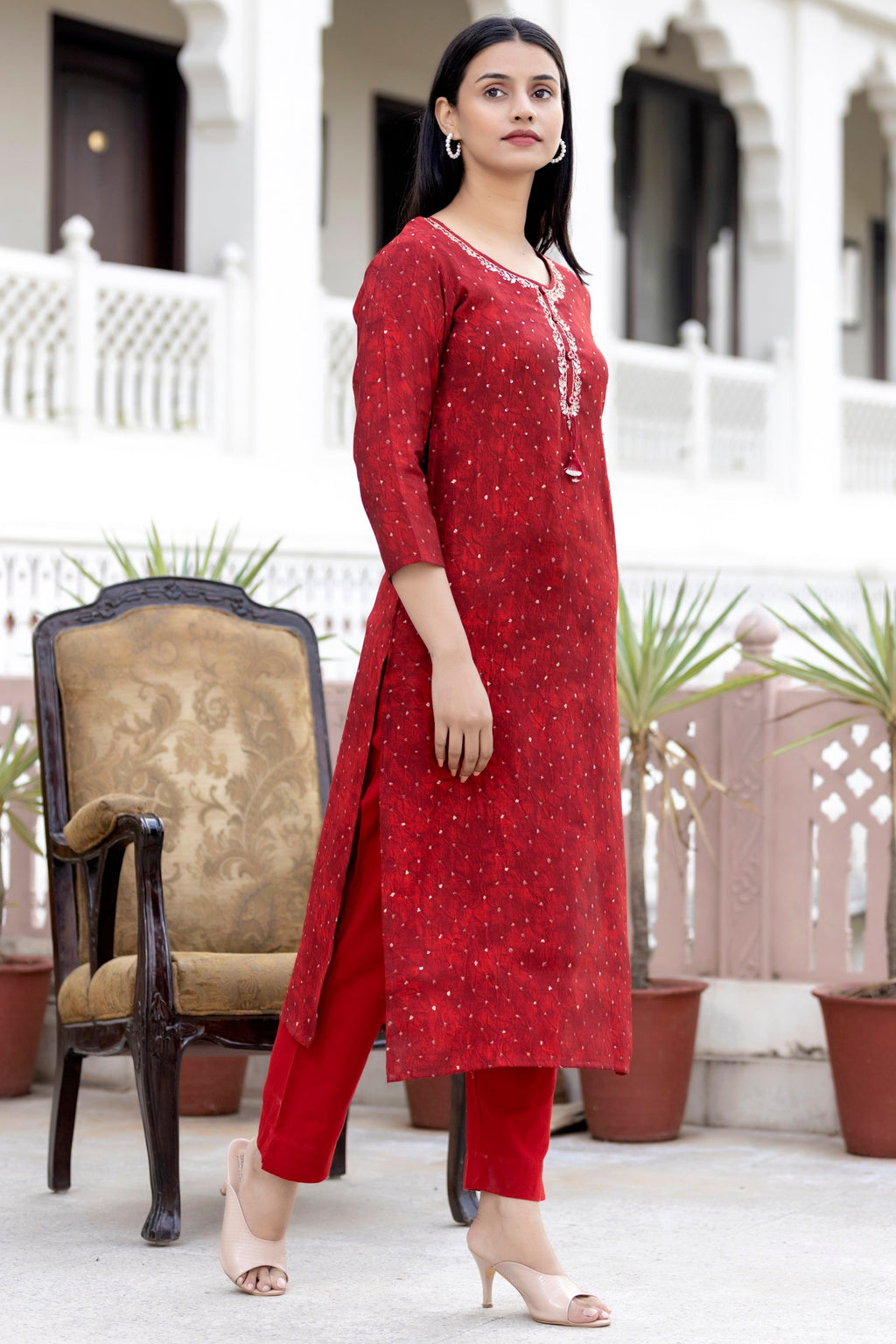 Kaajh Women's Red Gold Printed Modal Silk Kurta Pant Set | Grocsy