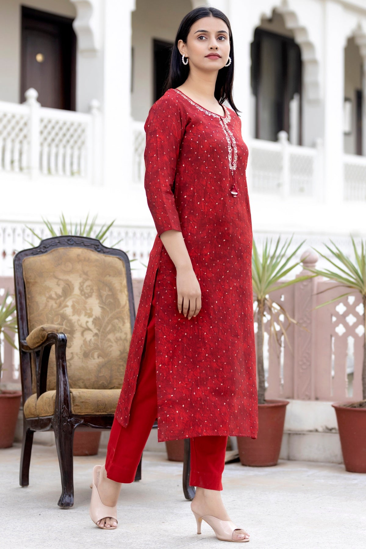Kaajh Women's Red Gold Printed Modal Silk Kurta Pant Set | Grocsy