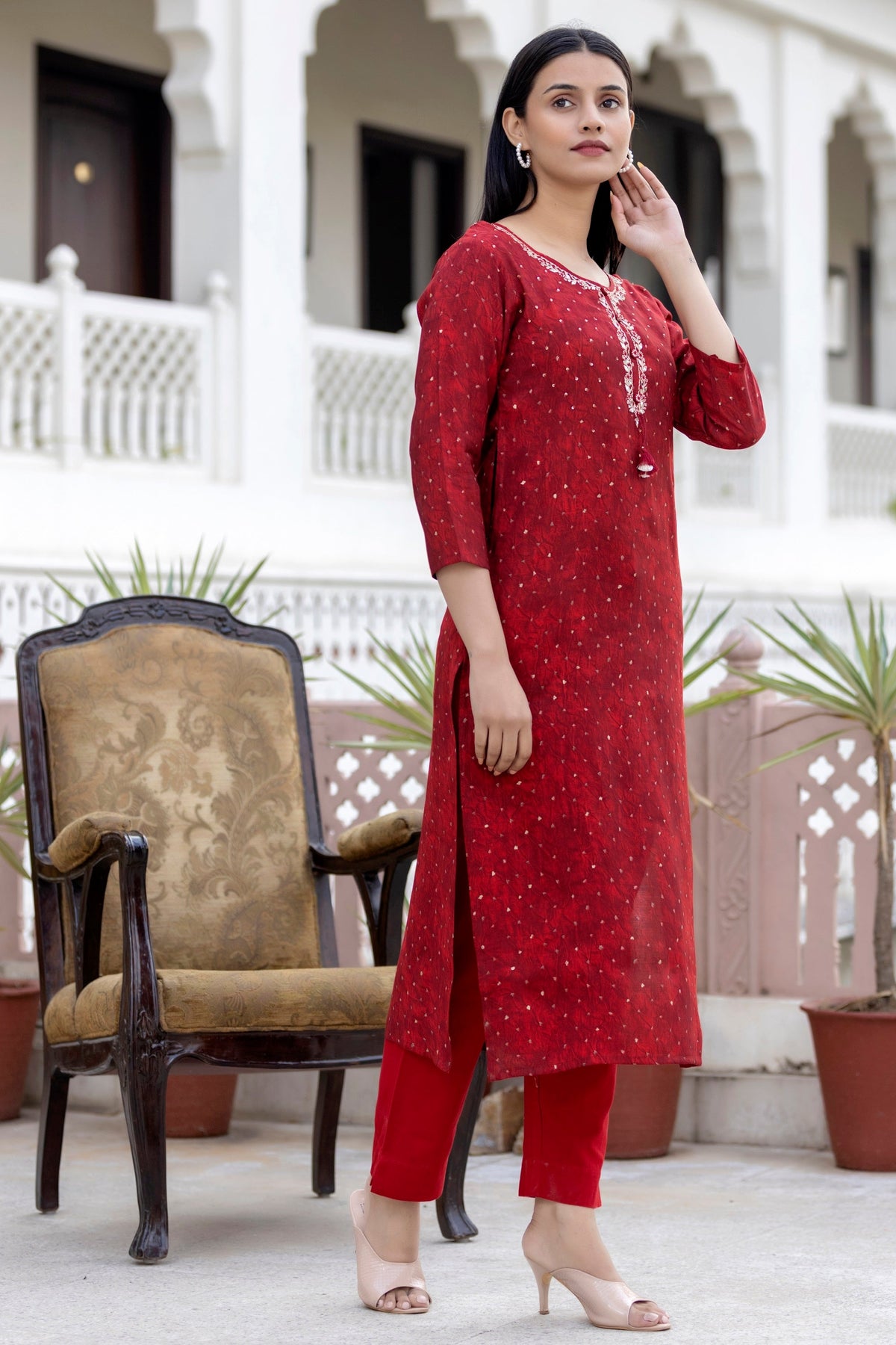 Kaajh Women's Red Gold Printed Modal Silk Kurta Pant Set | Grocsy