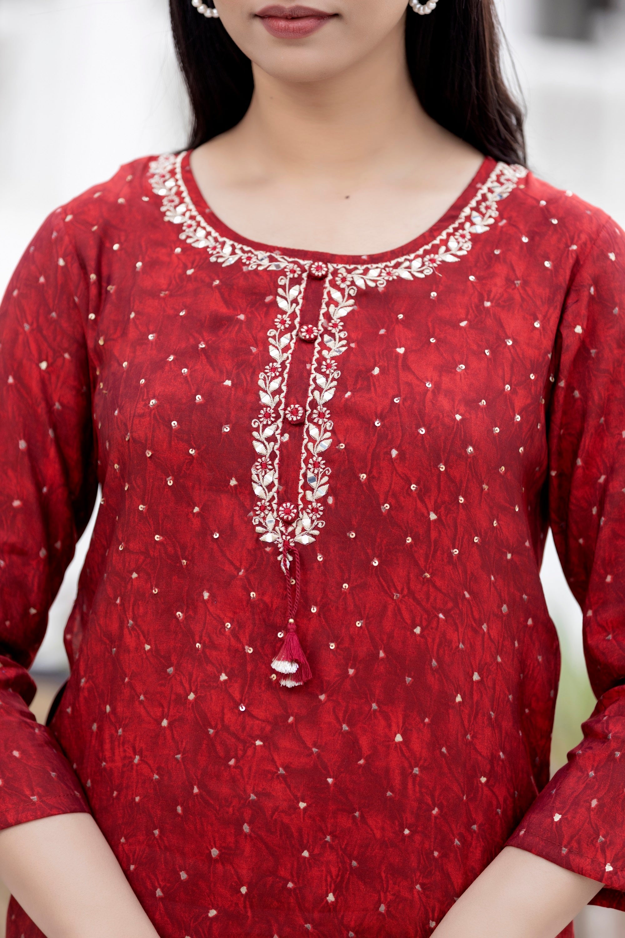 Kaajh Women's Red Gold Printed Modal Silk Kurta Pant Set | Grocsy