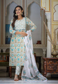 Kaajh Women's White-Green Cotton Handblock Kurta Pant Set With Dupatta | Grocsy