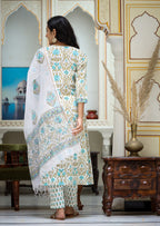 Kaajh Women's White-Green Cotton Handblock Kurta Pant Set With Dupatta | Grocsy