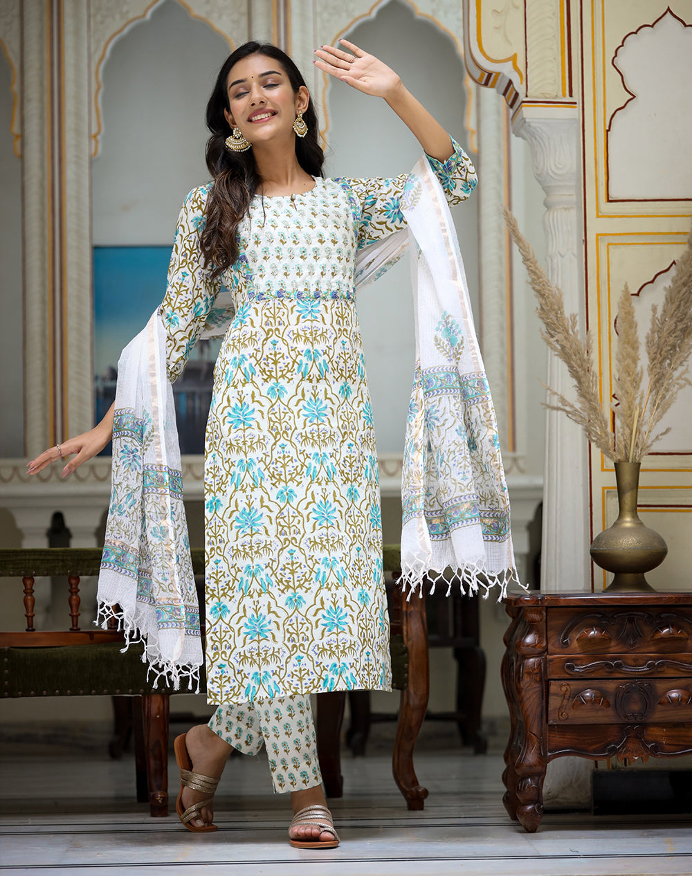 Kaajh Women's White-Green Cotton Handblock Kurta Pant Set With Dupatta | Grocsy