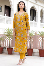 Kaajh Women's Yellow Floral Printed Modal Silk Kurta Pant Set | Grocsy