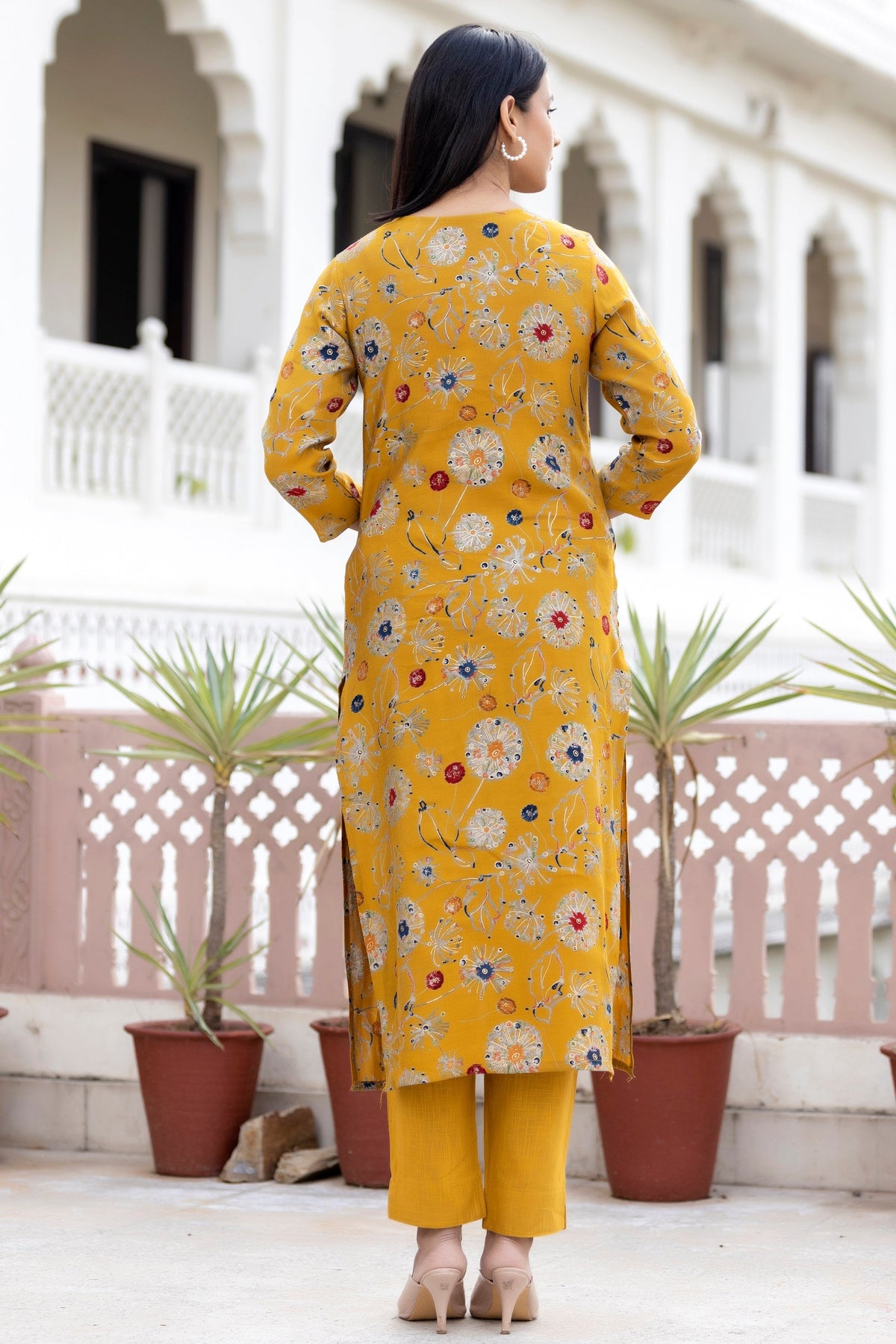 Kaajh Women's Yellow Floral Printed Modal Silk Kurta Pant Set | Grocsy