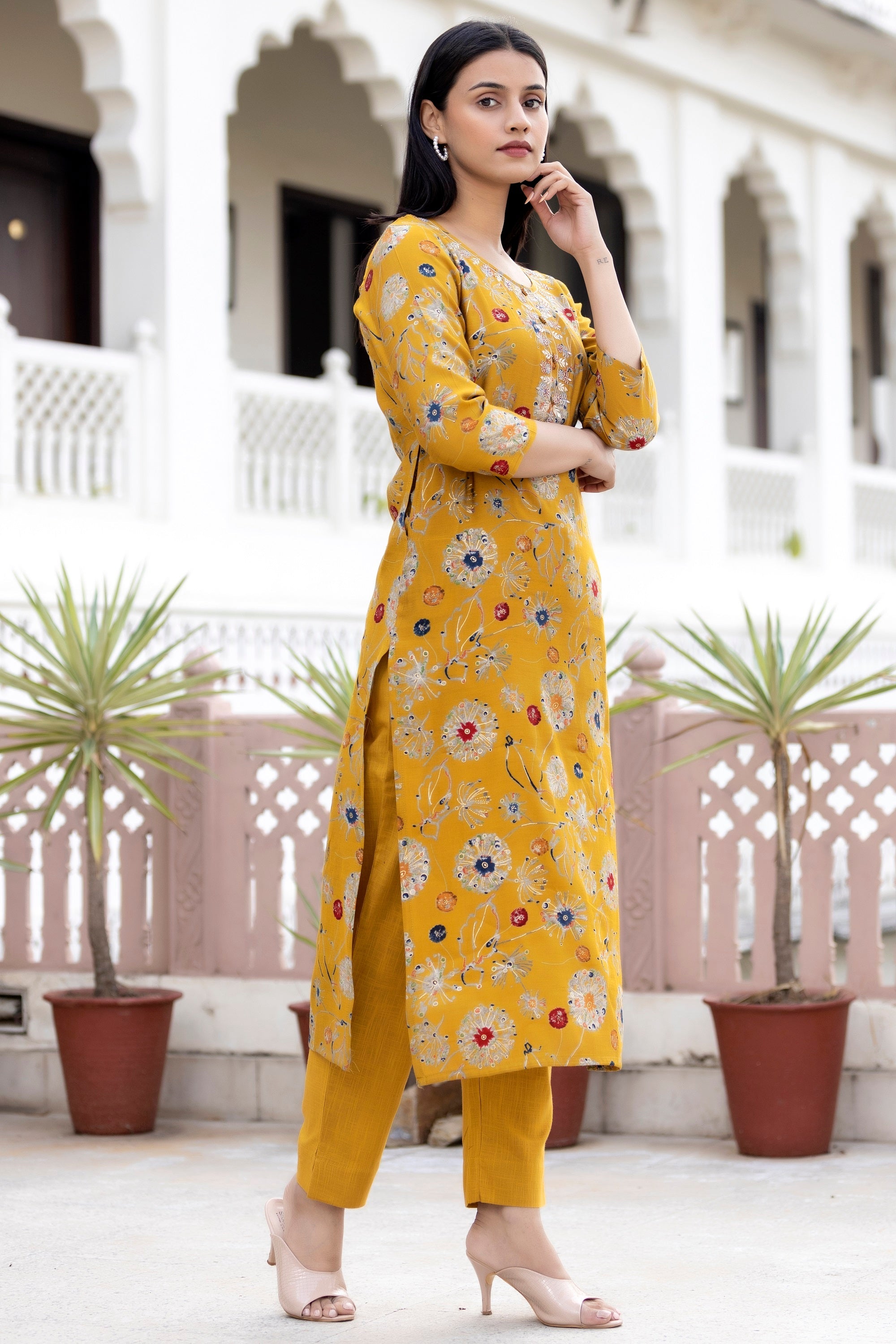 Kaajh Women's Yellow Floral Printed Modal Silk Kurta Pant Set | Grocsy