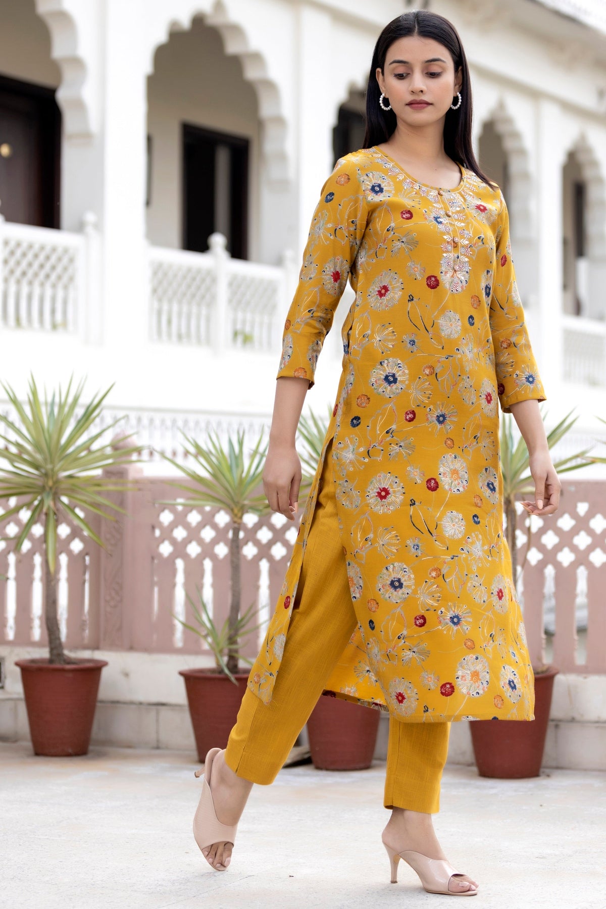 Kaajh Women's Yellow Floral Printed Modal Silk Kurta Pant Set | Grocsy