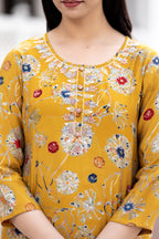 Kaajh Women's Yellow Floral Printed Modal Silk Kurta Pant Set | Grocsy
