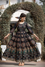 Kaajh Women's Black Gold Printed Ethnic Gown | Grocsy