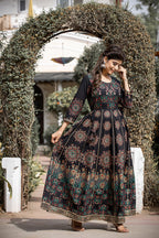 Kaajh Women's Black Gold Printed Ethnic Gown | Grocsy