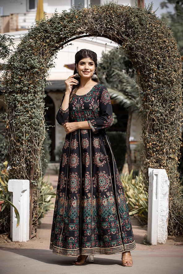 Kaajh Women's Black Gold Printed Ethnic Gown | Grocsy