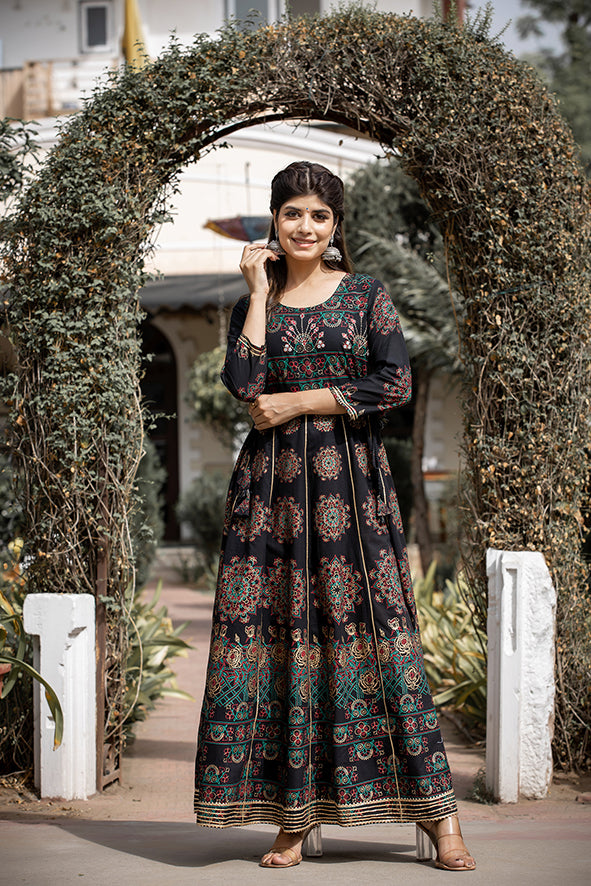 Kaajh Women's Black Gold Printed Ethnic Gown | Grocsy