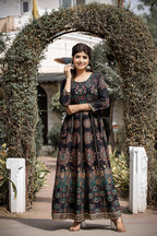 Kaajh Women's Black Gold Printed Ethnic Gown | Grocsy