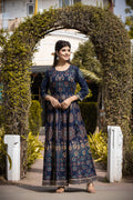 Kaajh Women's Blue Gold Printed Ethnic Gown | Grocsy