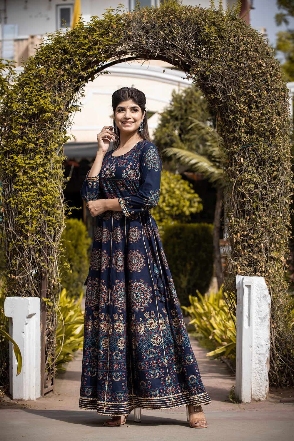 Kaajh Women's Blue Gold Printed Ethnic Gown | Grocsy