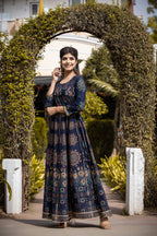 Kaajh Women's Blue Gold Printed Ethnic Gown | Grocsy