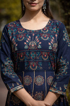 Kaajh Women's Blue Gold Printed Ethnic Gown | Grocsy