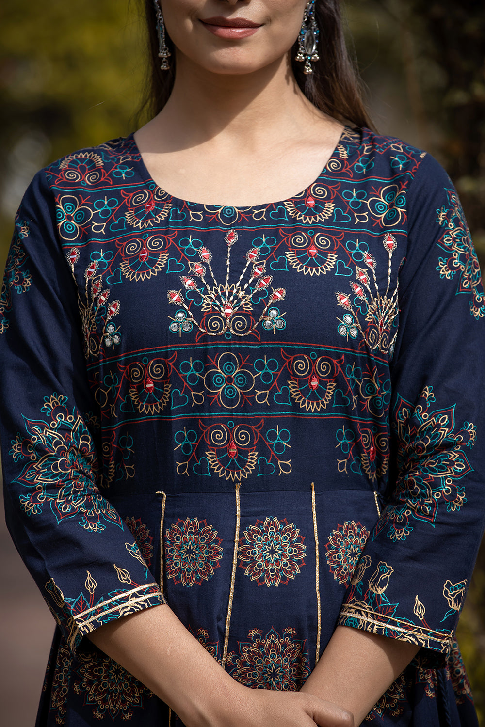 Kaajh Women's Blue Gold Printed Ethnic Gown | Grocsy