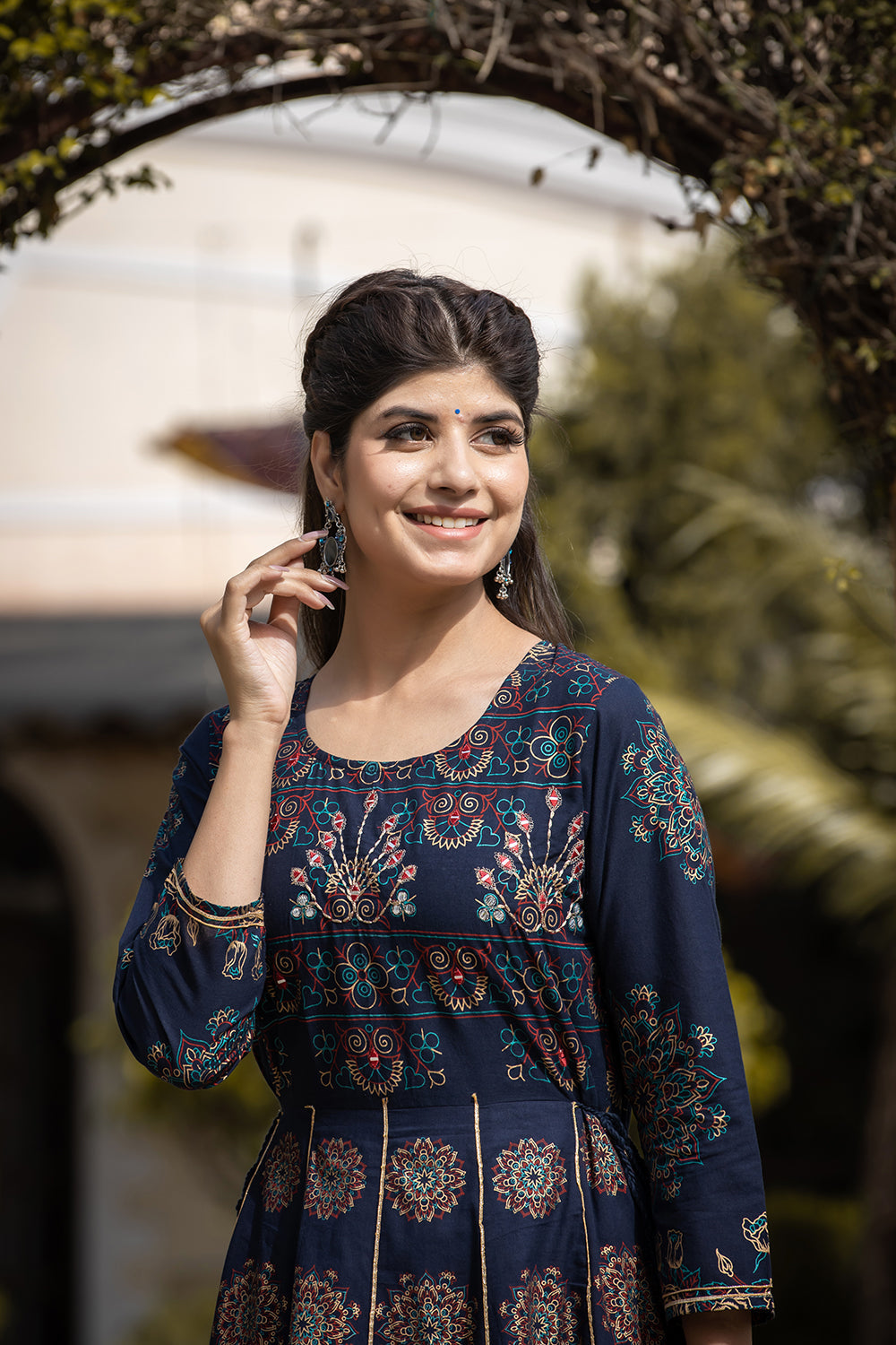 Kaajh Women's Blue Gold Printed Ethnic Gown | Grocsy