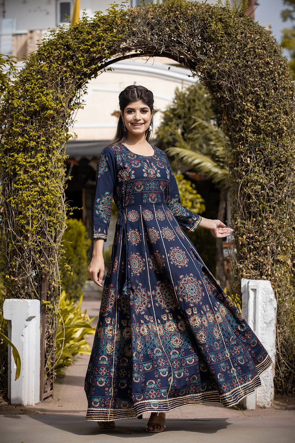 Kaajh Women's Blue Gold Printed Ethnic Gown | Grocsy