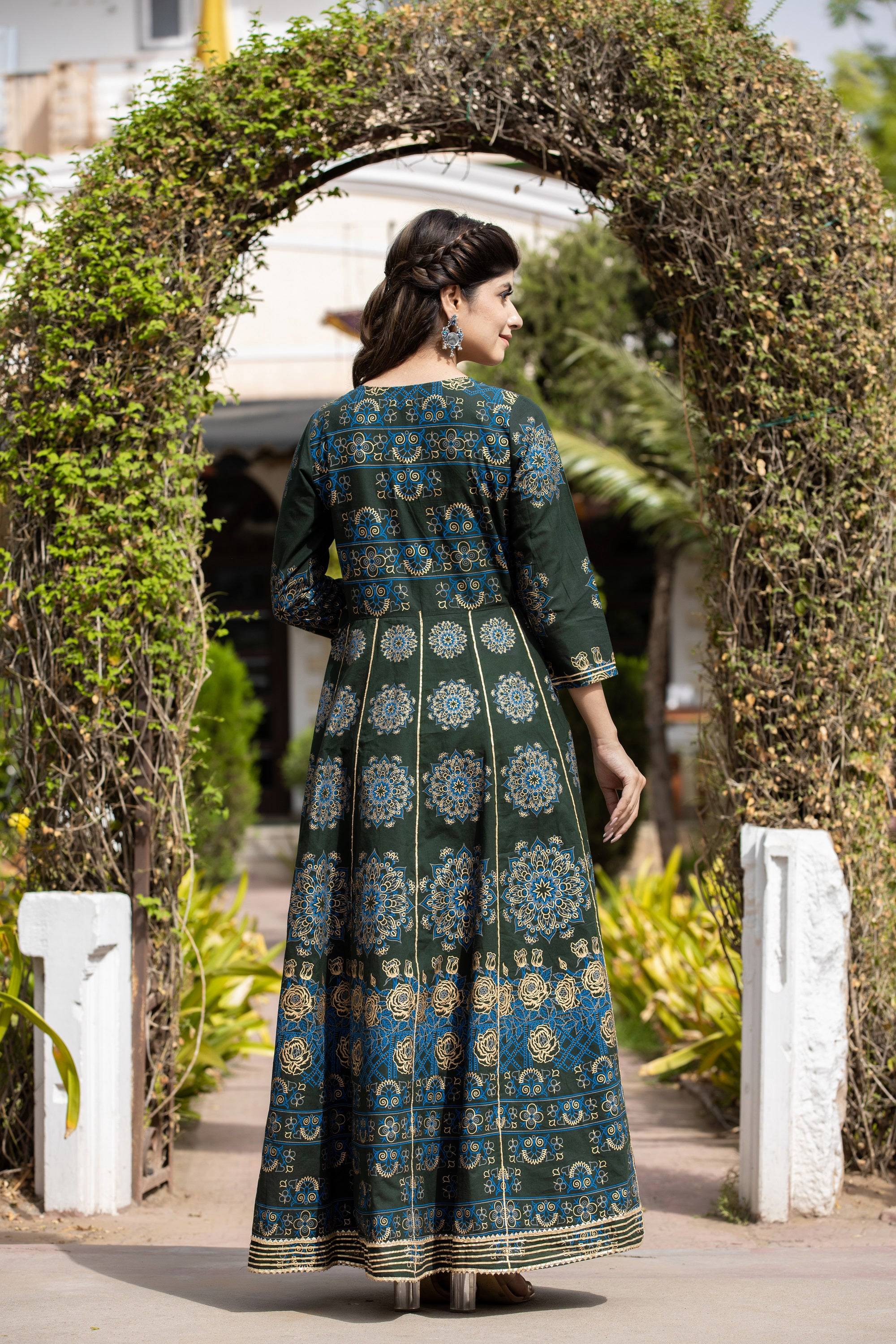 Kaajh Women's Green Gold Printed Ethnic Gown | Grocsy