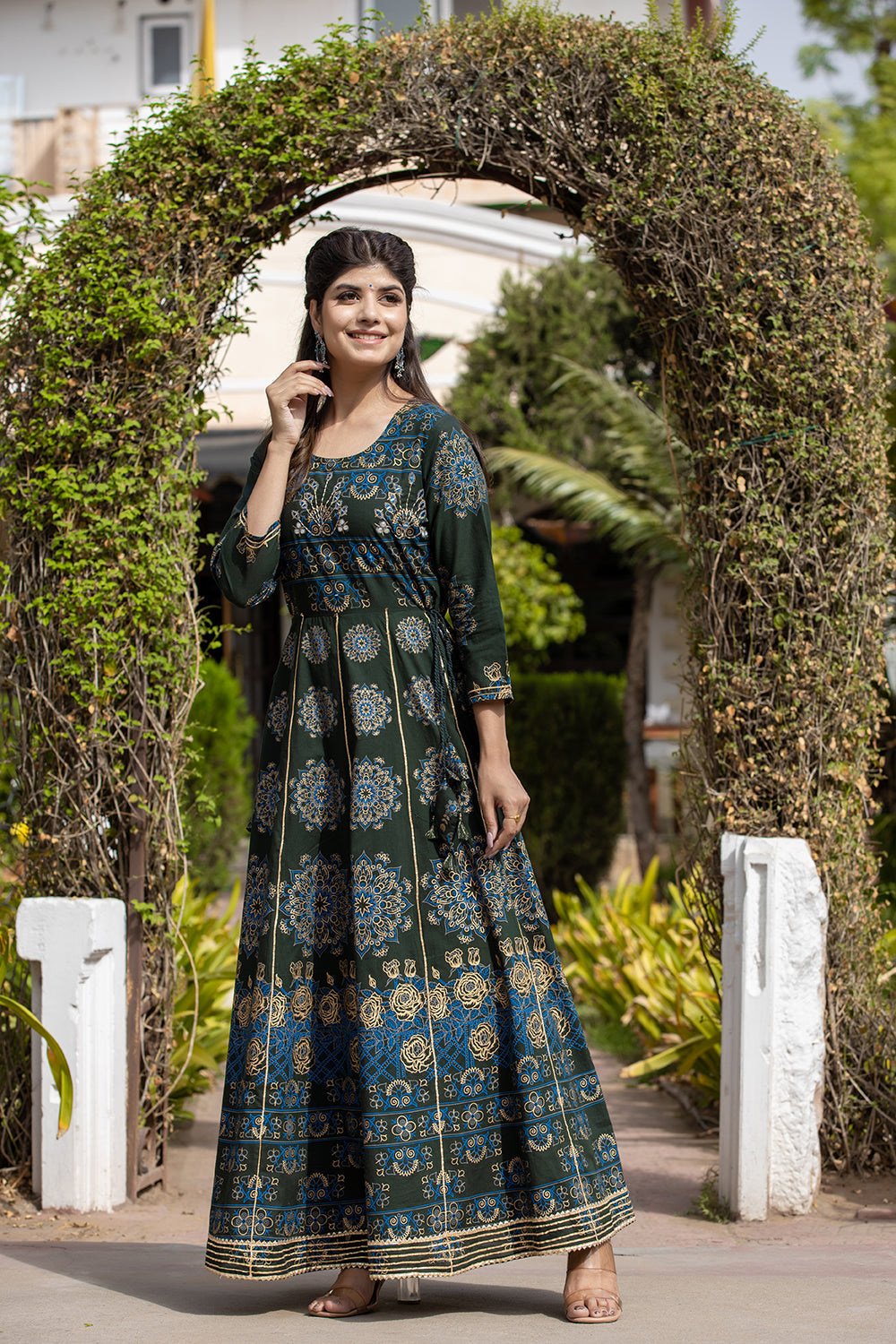 Kaajh Women's Green Gold Printed Ethnic Gown | Grocsy
