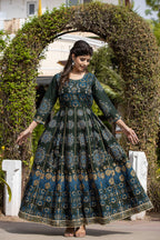 Kaajh Women's Green Gold Printed Ethnic Gown | Grocsy