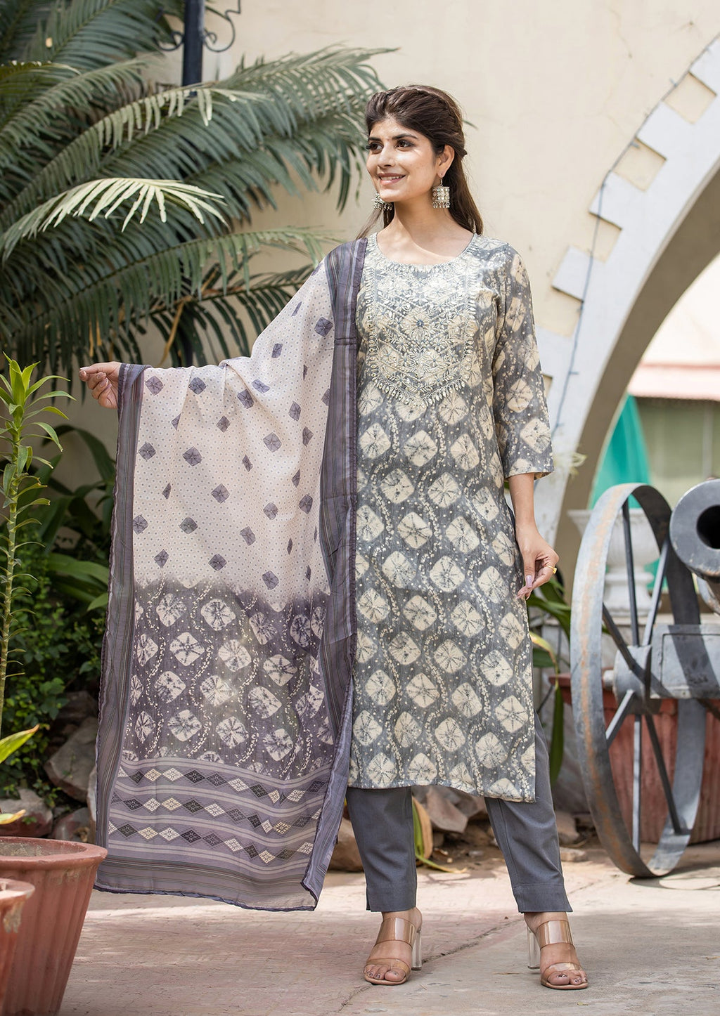 Kaajh Women's Grey Modal Silk Embroidered Suit Set | Grocsy