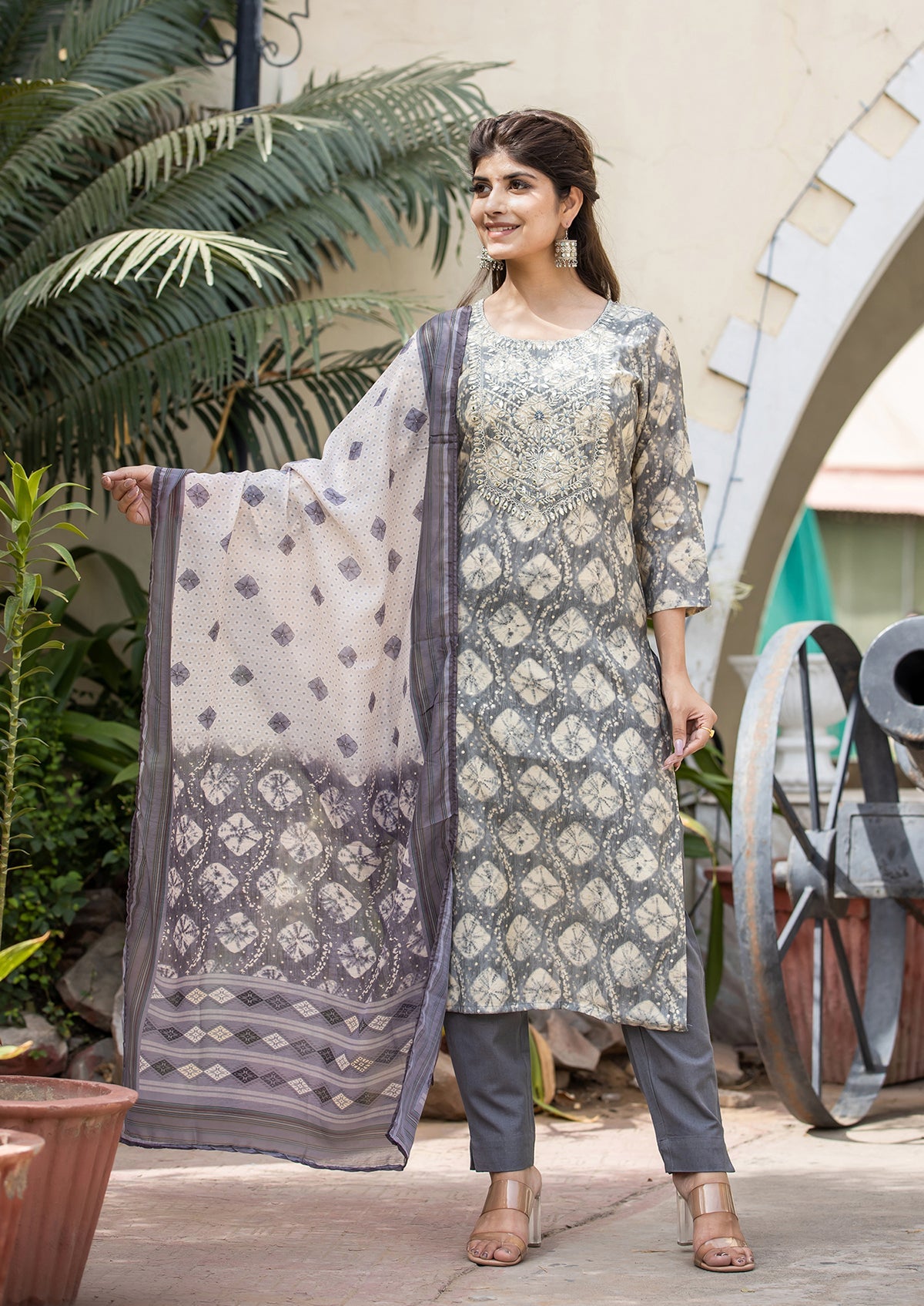 Kaajh Women's Grey Modal Silk Embroidered Suit Set | Grocsy