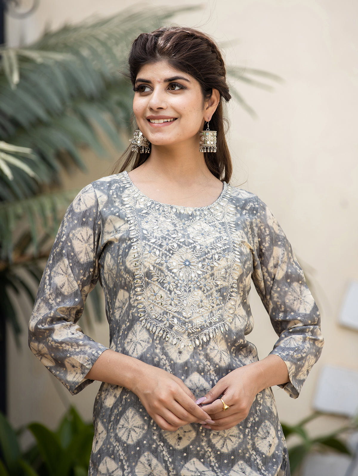 Kaajh Women's Grey Modal Silk Embroidered Suit Set | Grocsy