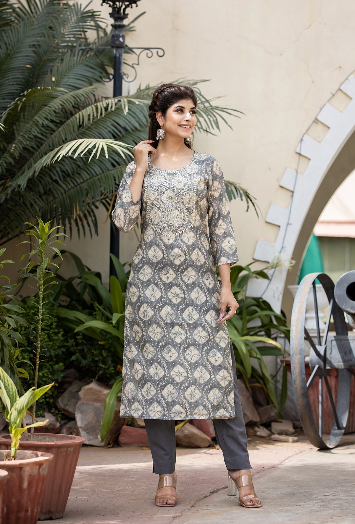 Kaajh Women's Grey Modal Silk Embroidered Suit Set | Grocsy