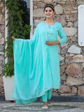 Kaajh Woman's Green Mirror Embellished Cotton Kurta Pant And Dupatta Set | Grocsy