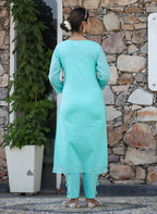 Kaajh Woman's Green Mirror Embellished Cotton Kurta Pant And Dupatta Set | Grocsy