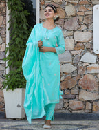 Kaajh Woman's Green Mirror Embellished Cotton Kurta Pant And Dupatta Set | Grocsy