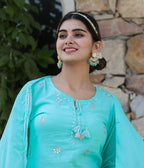 Kaajh Woman's Green Mirror Embellished Cotton Kurta Pant And Dupatta Set | Grocsy