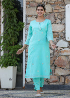 Kaajh Woman's Green Mirror Embellished Cotton Kurta Pant And Dupatta Set | Grocsy
