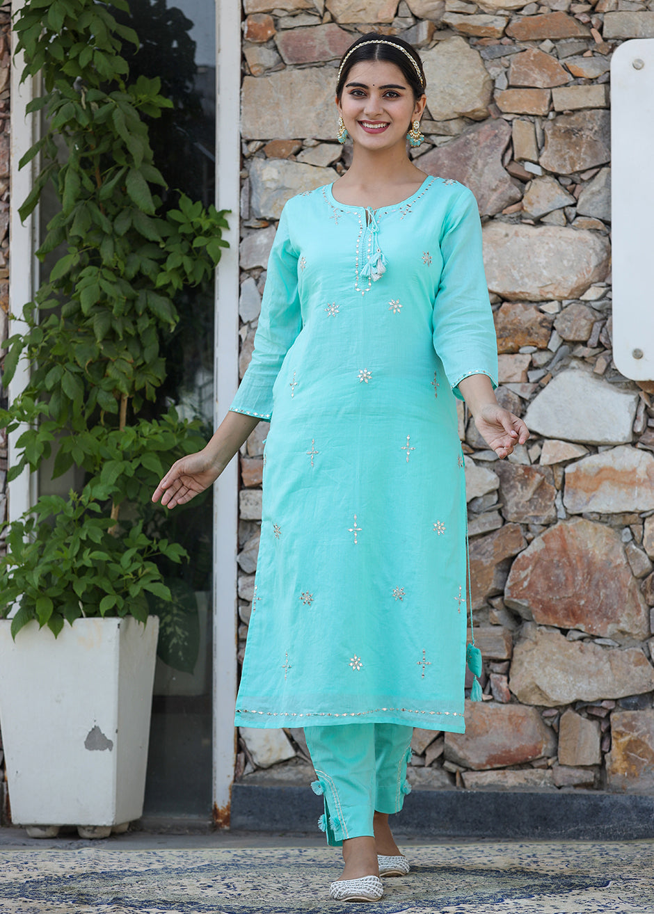 Kaajh Woman's Green Mirror Embellished Cotton Kurta Pant And Dupatta Set | Grocsy