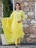Kaajh Woman's Yellow Mirror Embellished Cotton Kurta Pant And Dupatta Set | Grocsy