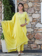 Kaajh Woman's Yellow Mirror Embellished Cotton Kurta Pant And Dupatta Set | Grocsy
