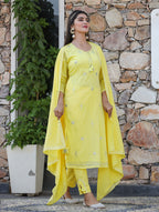 Kaajh Woman's Yellow Mirror Embellished Cotton Kurta Pant And Dupatta Set | Grocsy