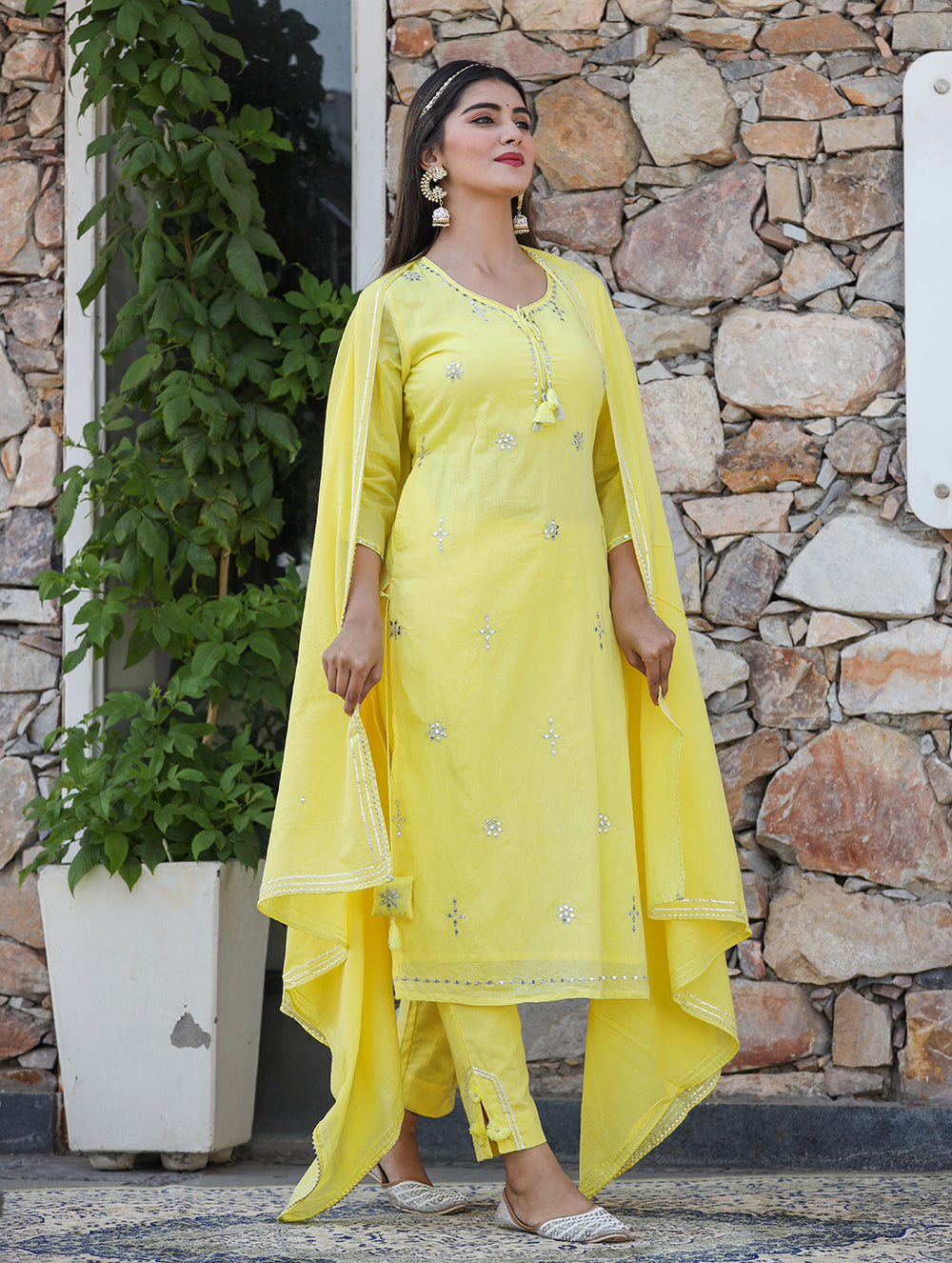 Kaajh Woman's Yellow Mirror Embellished Cotton Kurta Pant And Dupatta Set | Grocsy