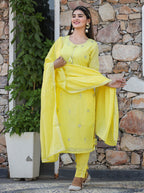 Kaajh Woman's Yellow Mirror Embellished Cotton Kurta Pant And Dupatta Set | Grocsy