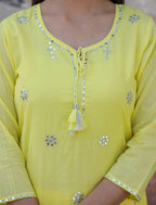 Kaajh Woman's Yellow Mirror Embellished Cotton Kurta Pant And Dupatta Set | Grocsy