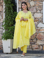 Kaajh Woman's Yellow Mirror Embellished Cotton Kurta Pant And Dupatta Set | Grocsy