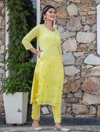 Kaajh Woman's Yellow Mirror Embellished Cotton Kurta Pant And Dupatta Set | Grocsy