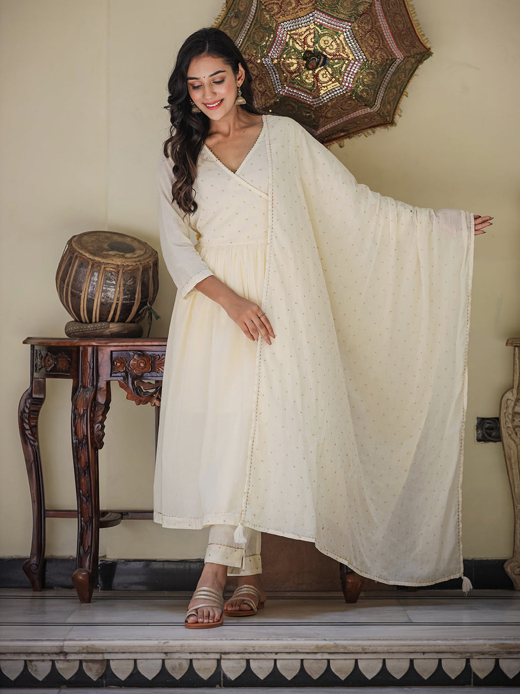 Kaajh Women's Ivory Embroidered Angrakha Kurta Set With Trouser And Dupatta | Grocsy