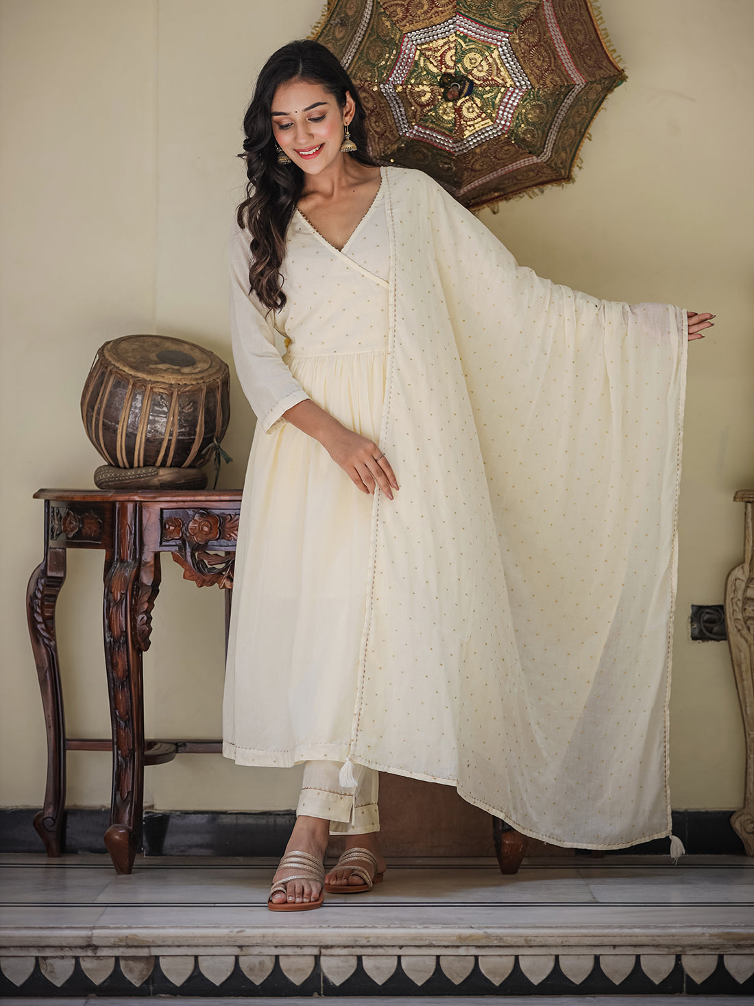 Kaajh Women's Ivory Embroidered Angrakha Kurta Set With Trouser And Dupatta | Grocsy