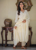 Kaajh Women's Ivory Embroidered Angrakha Kurta Set With Trouser And Dupatta | Grocsy