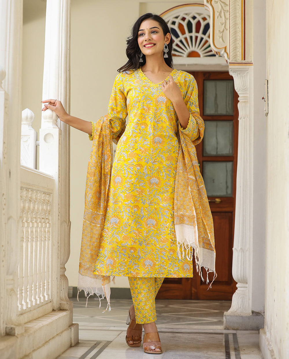 Kaajh Women's Sun Flower Yellow Handblock Cotton Kurta Set With Trouser And Dupatta | Grocsy